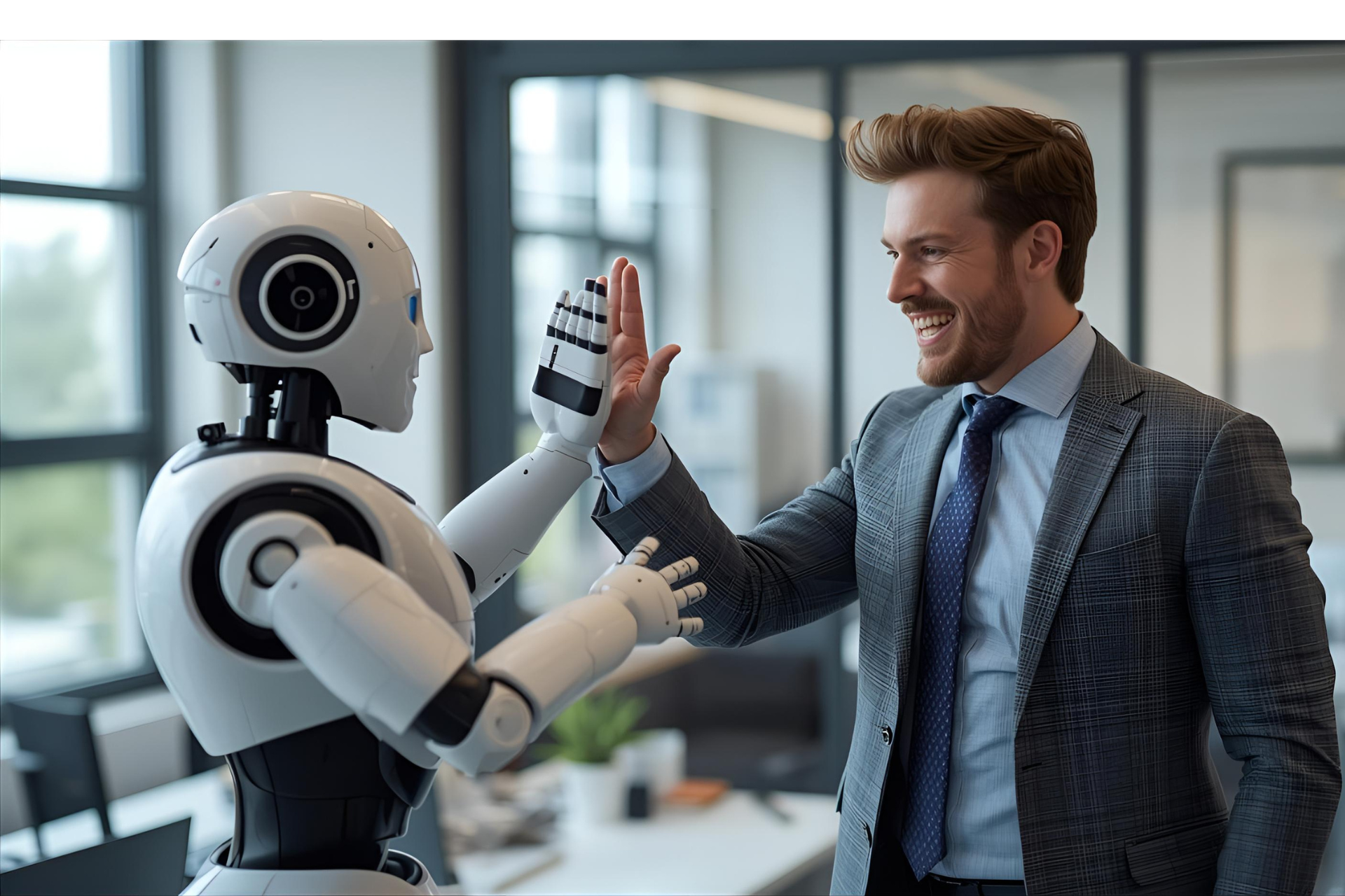 A man in a suit is standing in front of a screen with gears and icons on it.