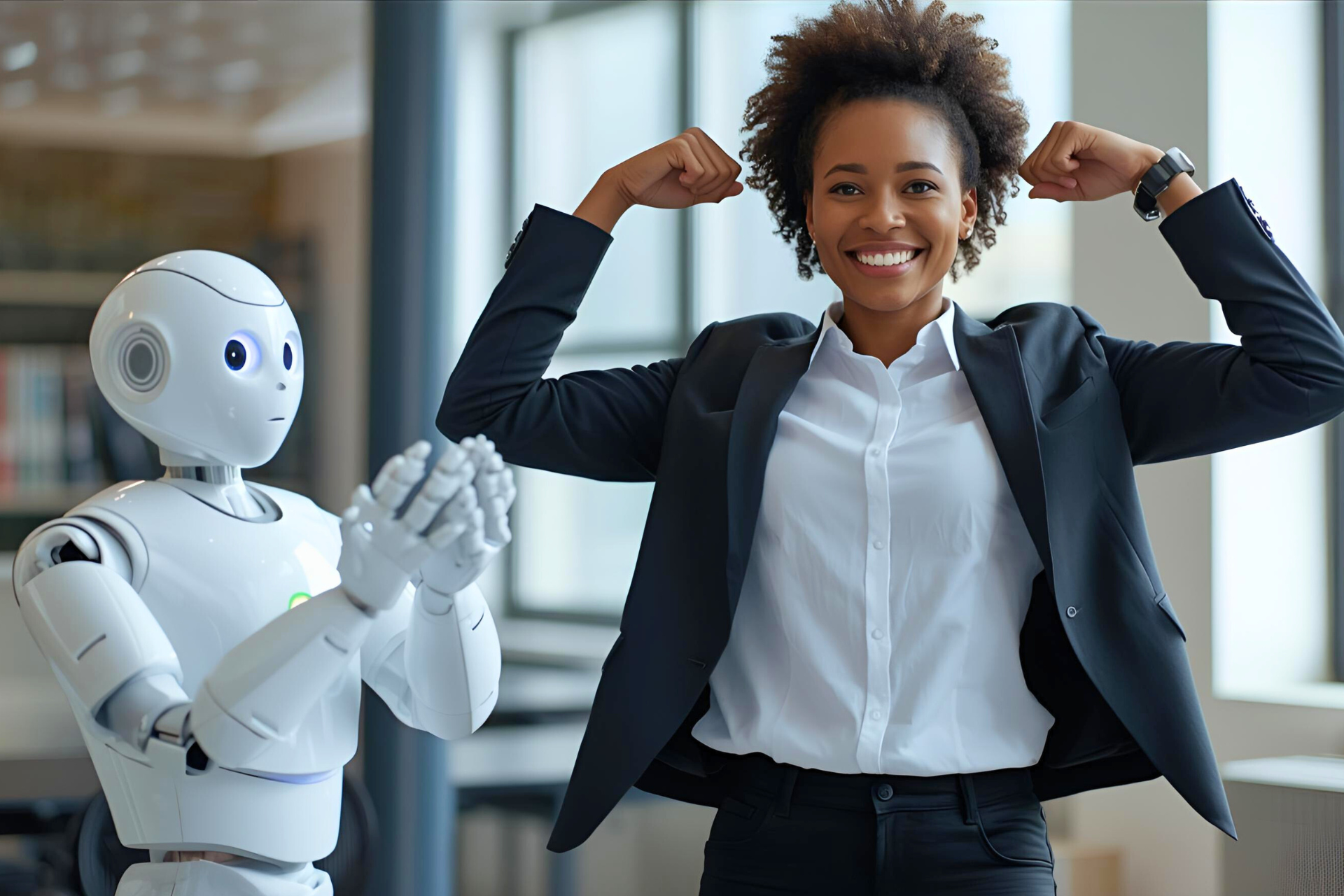 Smiling person flexing arms next to a robot applauding. Office setting.