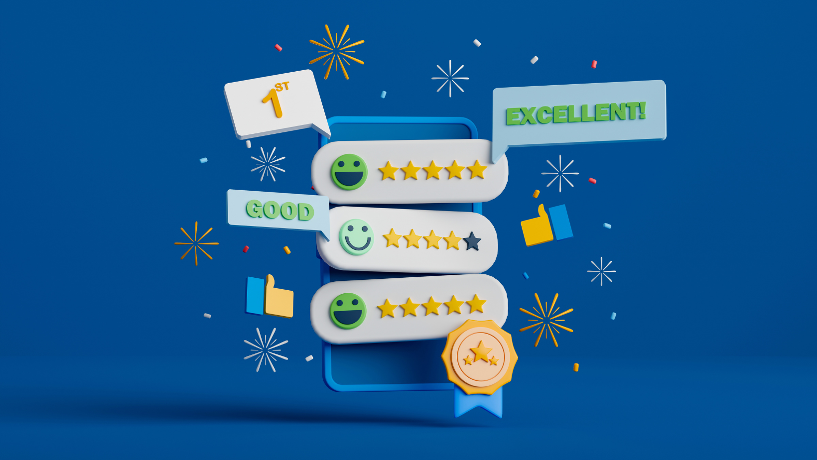 A blue phone with a smiley face and a medal on it showing customer online reviews