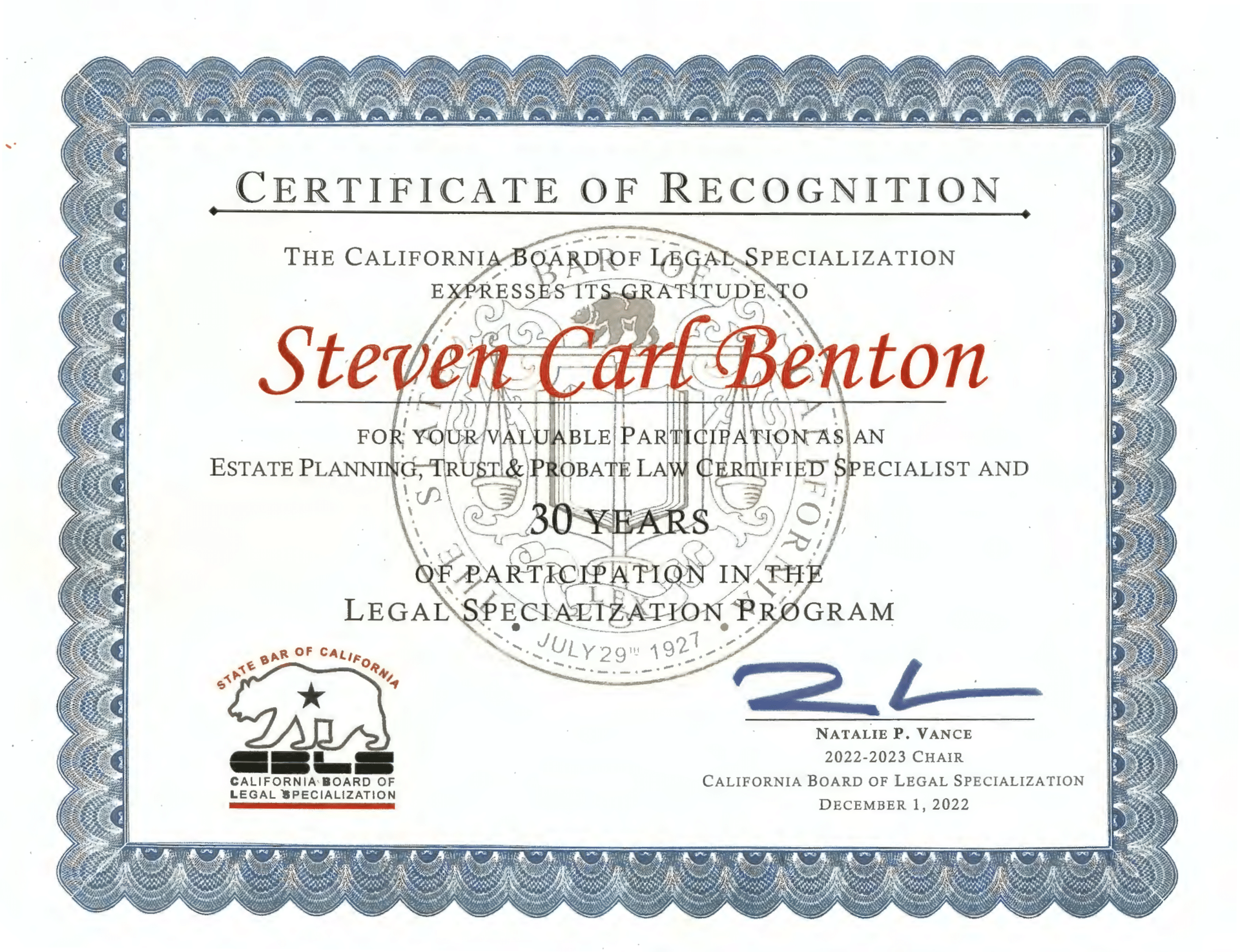 A certificate of recognition for steven carl benton