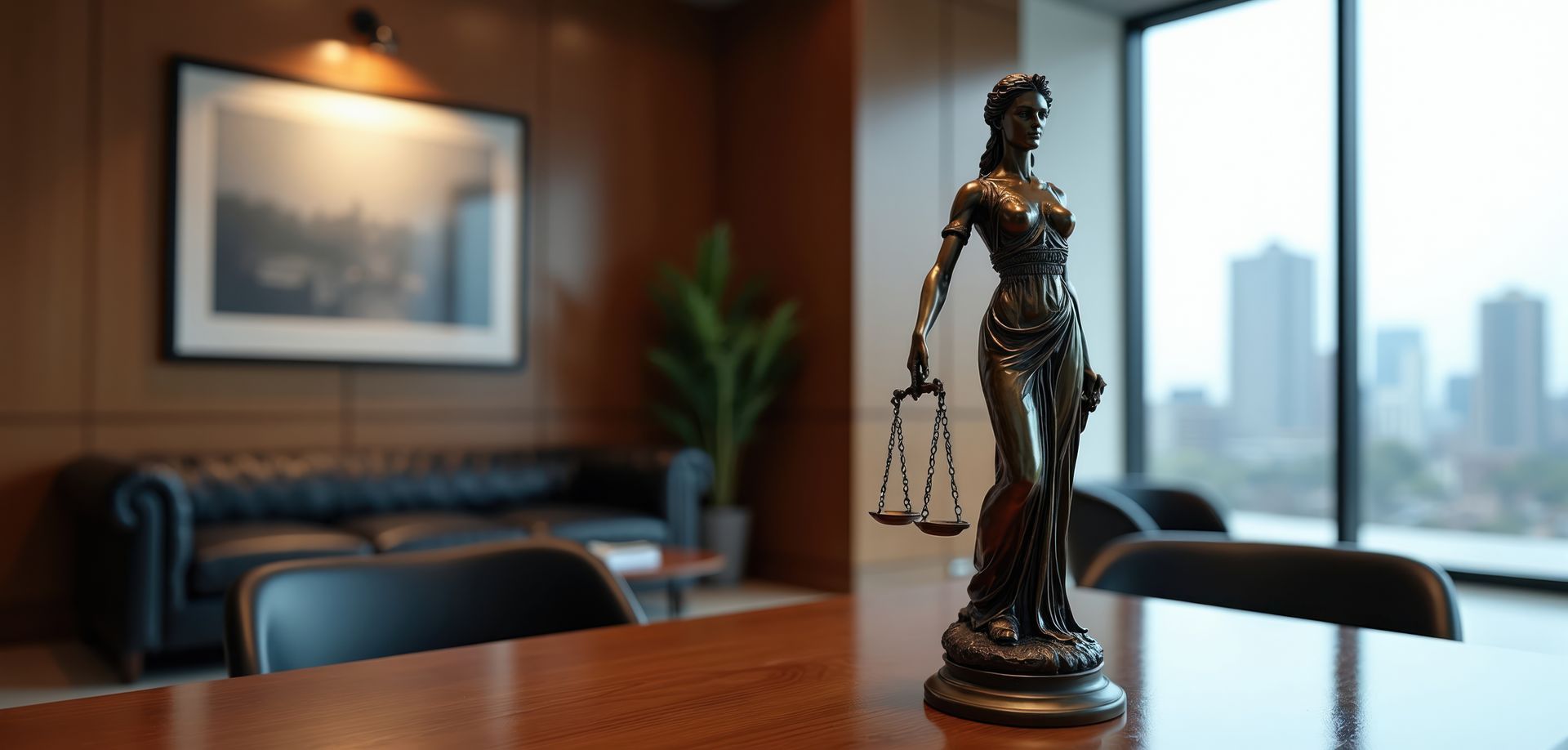 Lady Justice statue displayed in a modern law office conference room Lady Justice statue displayed in a modern law office conference room
