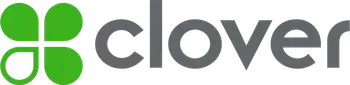 Clover logo: green four-leaf clover icon next to gray text that reads