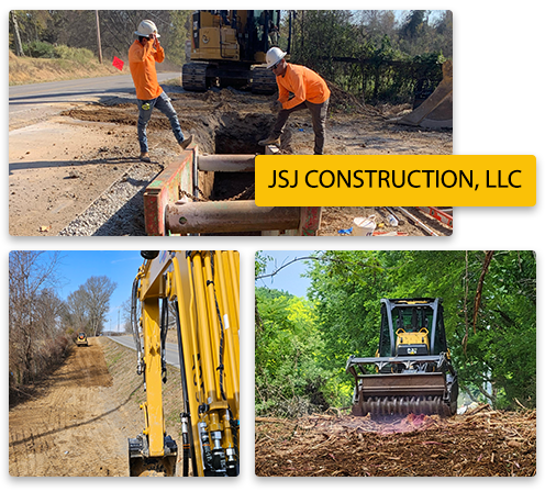 A collage of pictures of construction workers and a yellow sign that says jsj construction llc