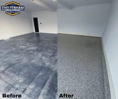 Before and after view of a garage floor. The "before" is gray concrete, the "after" is coated with a speckled gray epoxy.