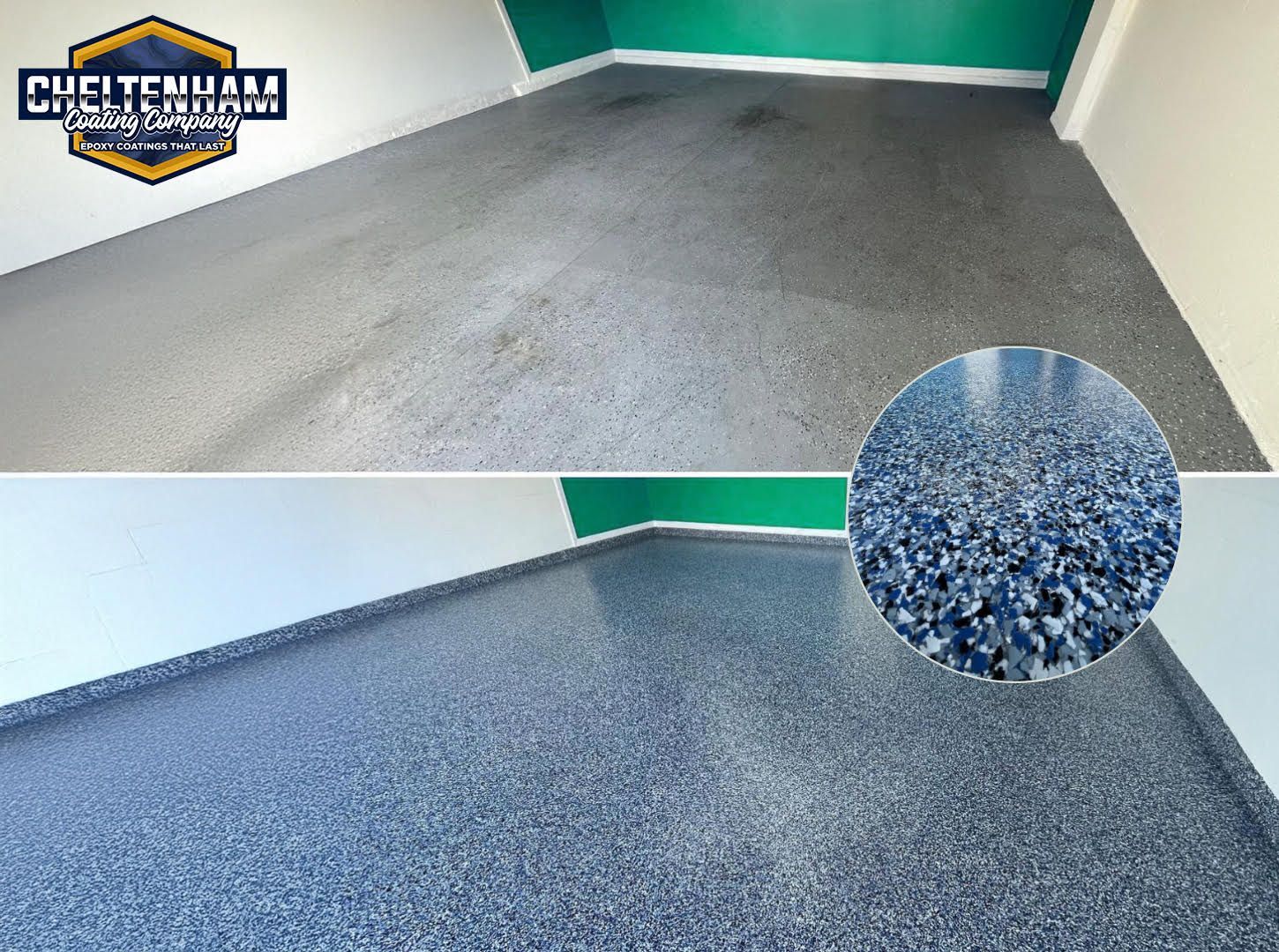 Top: Concrete floor before coating. Bottom: Shiny blue-gray coated floor. Round insert: Close-up of the coating.