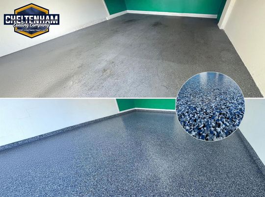 Before and after comparison of a concrete floor coated with a textured, blue and grey speckled epoxy finish.