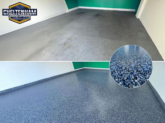 Before and after comparison of a concrete floor coated with a textured, blue and grey speckled epoxy finish.