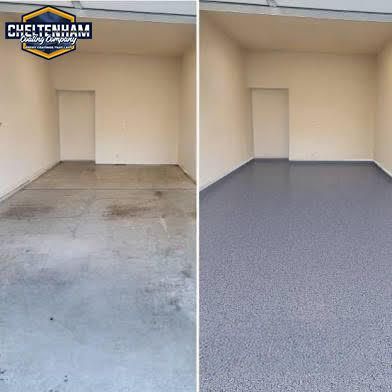 Garage floor before and after epoxy coating, showing a dirty concrete floor being transformed into a clean gray surface.
