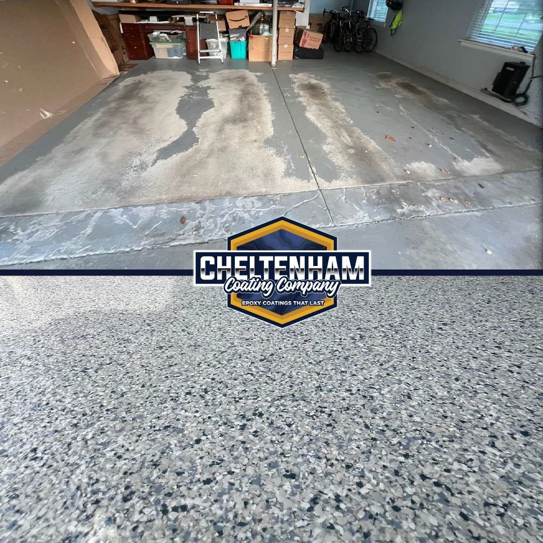 A before and after picture of a garage floor.