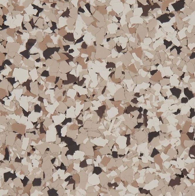 Brown, tan, and dark speckled floor coating.
