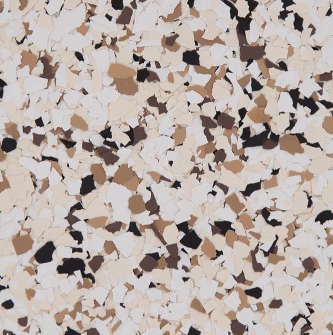 Speckled flooring pattern in tan, brown, and black chips.