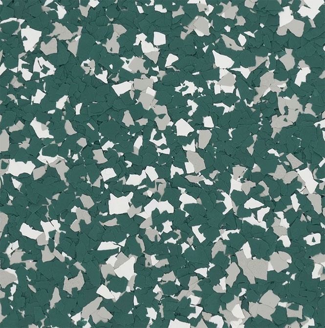 Terrazzo-style flooring with teal, white, and gray chips.