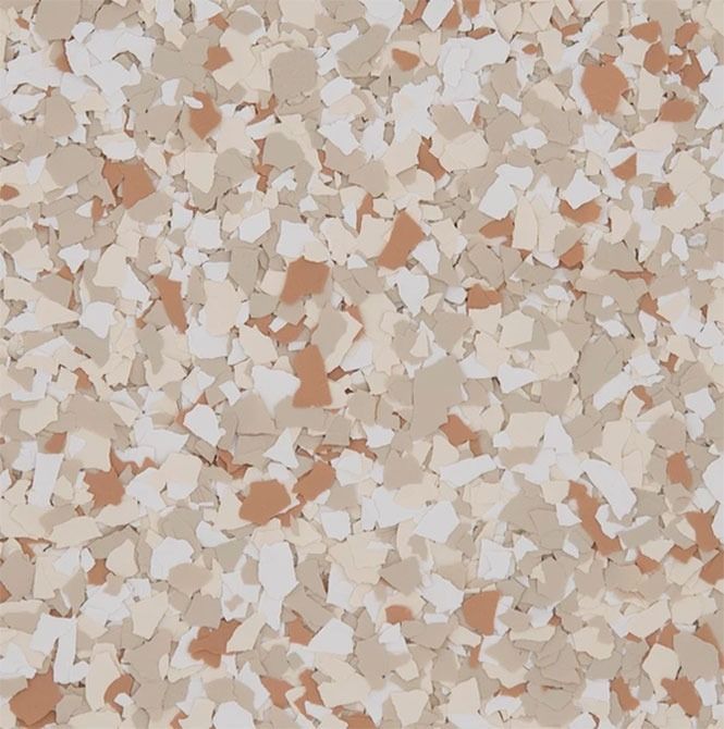 Multi-colored chip floor, tan, beige, off-white, and rust-colored flecks.