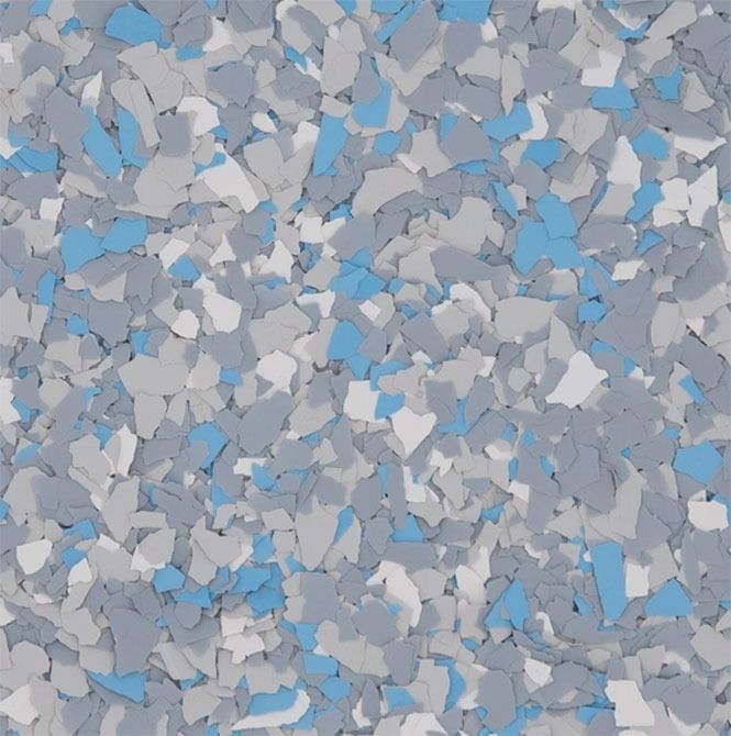 Blue, white, and gray speckled flooring.