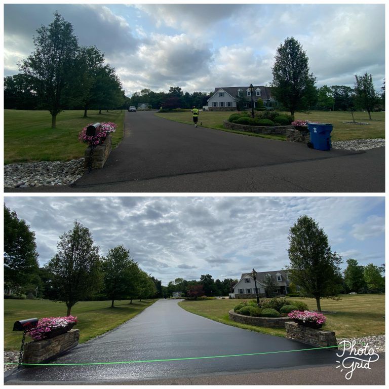 A before and after photo of a driveway