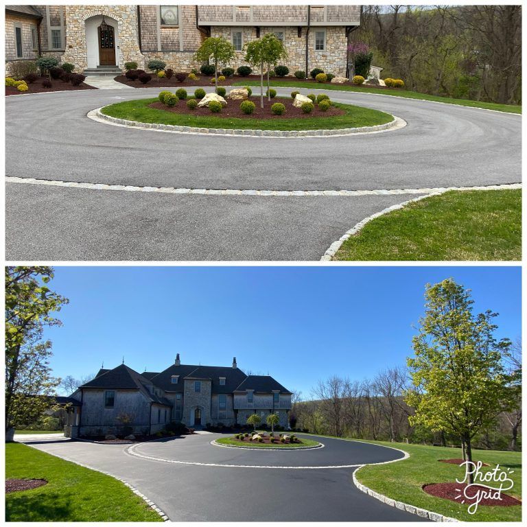 A before and after photo of a circular driveway