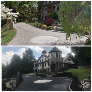 A before and after picture of a driveway and a house.
