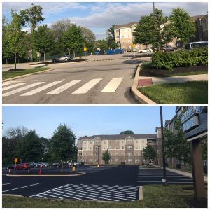A before and after photo of a crosswalk and a parking lot.