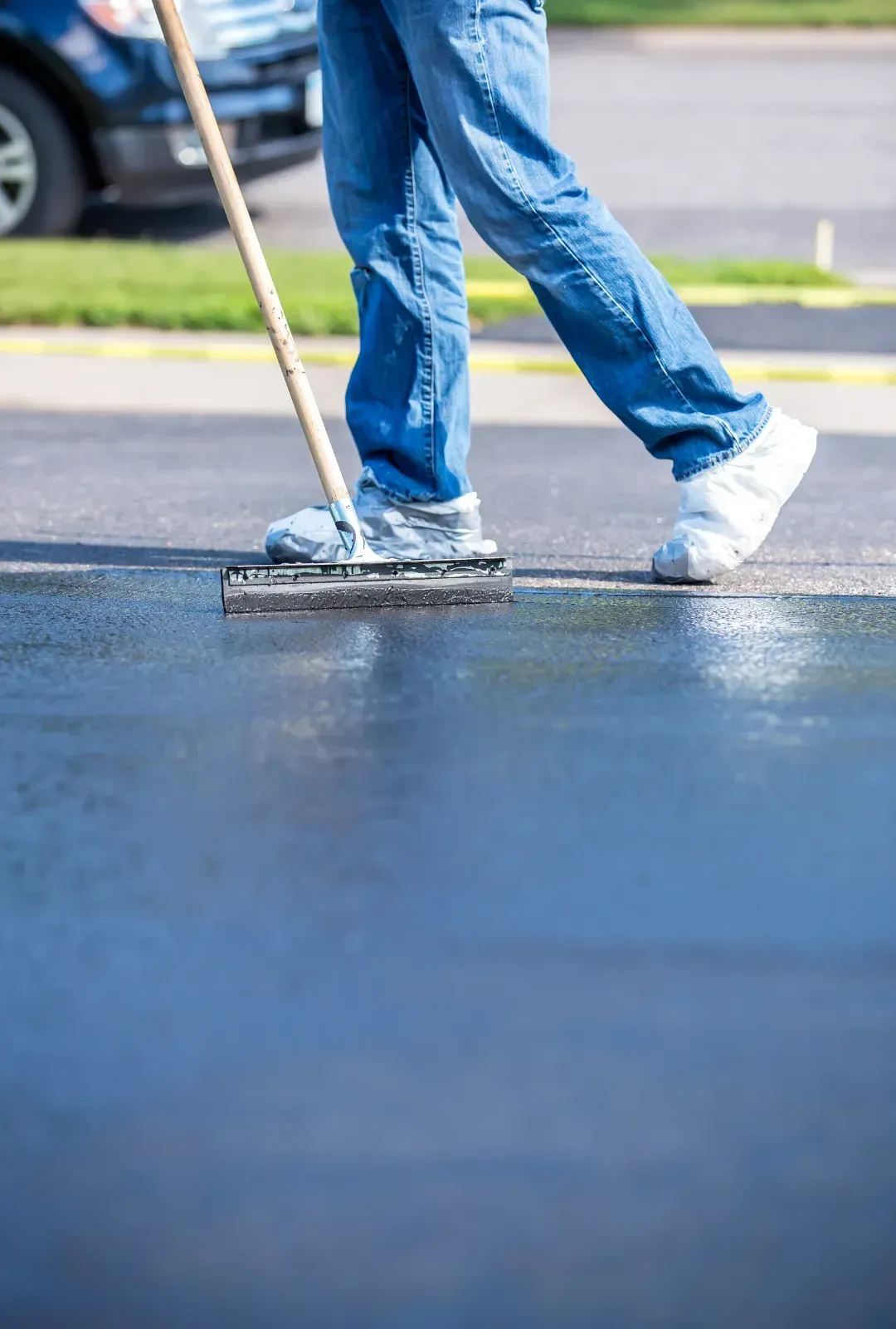 A person is sweeping the asphalt with a broom.