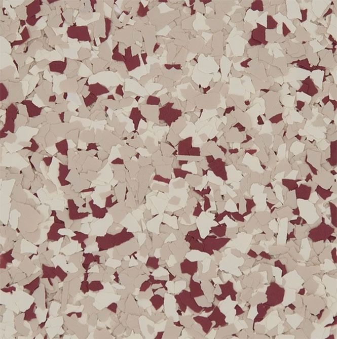 Beige and maroon speckled floor coating.