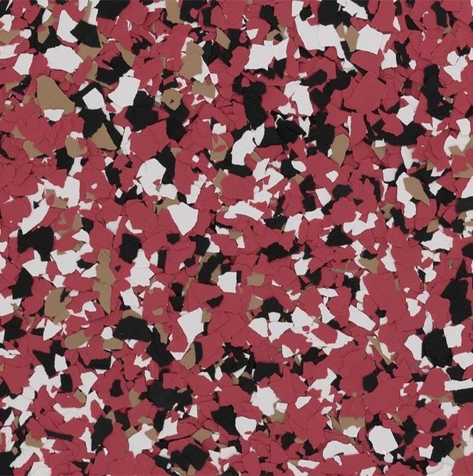 Red, black, white, and tan speckled flooring.
