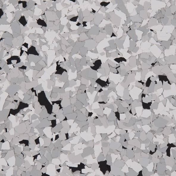 Gray and white speckled epoxy flooring.