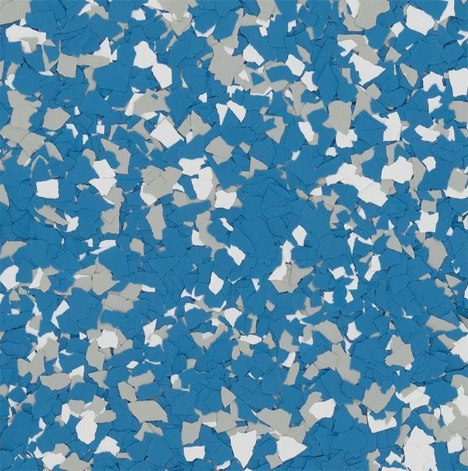 Blue, white, and gray decorative epoxy floor coating with a speckled pattern.