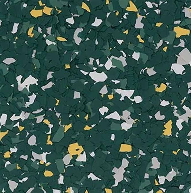 Green, white, and yellow speckled flooring.