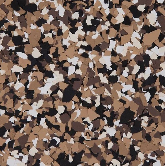 Brown, tan, black, and white speckled flooring pattern.