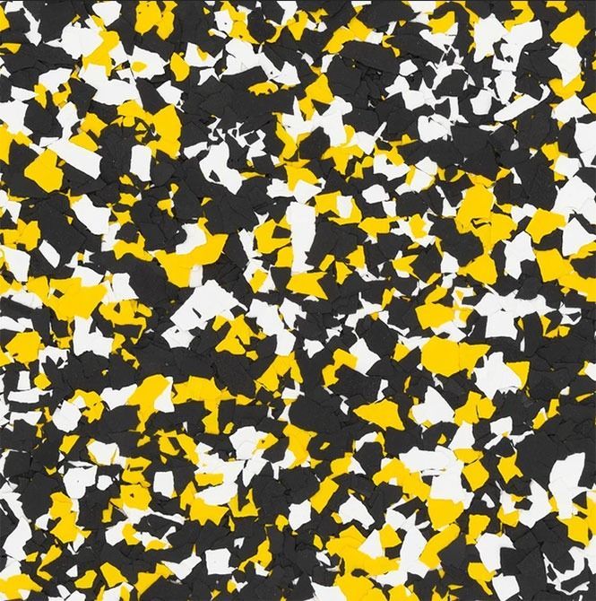 Black, white, and yellow speckled flooring.