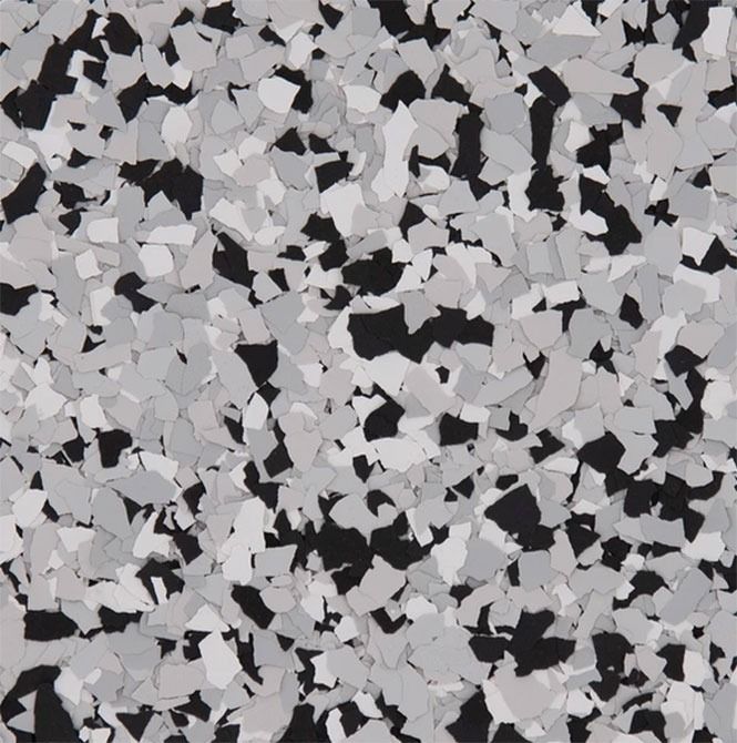 Speckled flooring in shades of gray, white, and black.