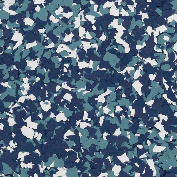 Blue, teal, and white speckled flooring.