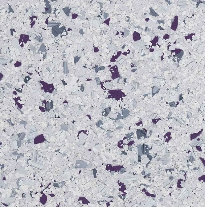 Terrazzo floor with white, gray, and purple chips.