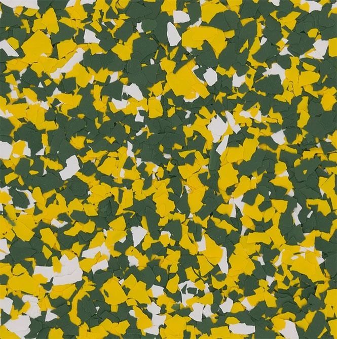 Green, yellow, and white chip-like flooring texture, suitable for garage or industrial spaces.