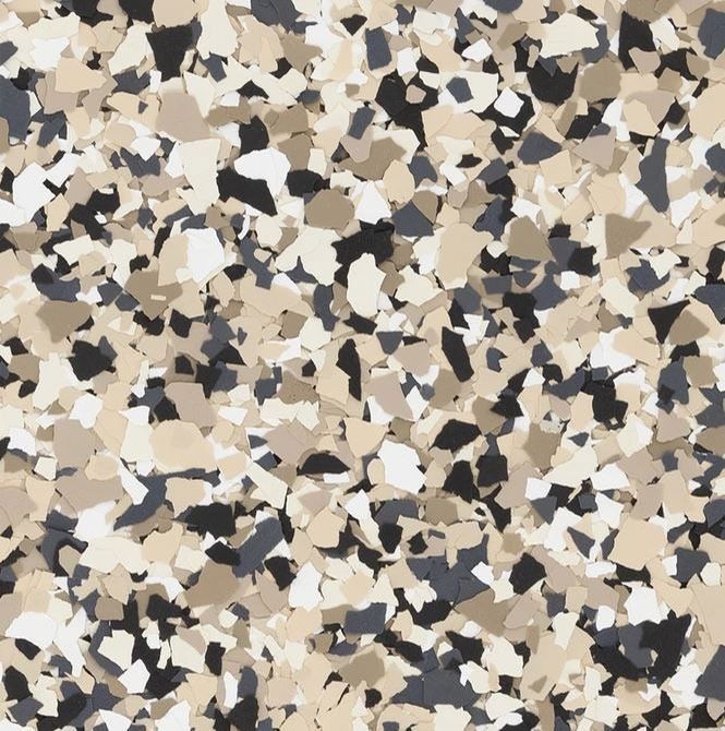 Floor with flecks of beige, brown, gray, and black.