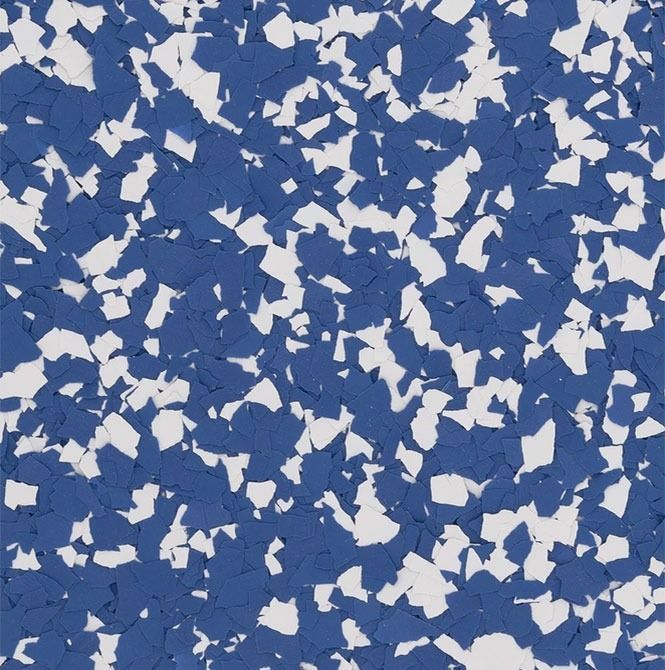 Blue and white speckled epoxy floor.