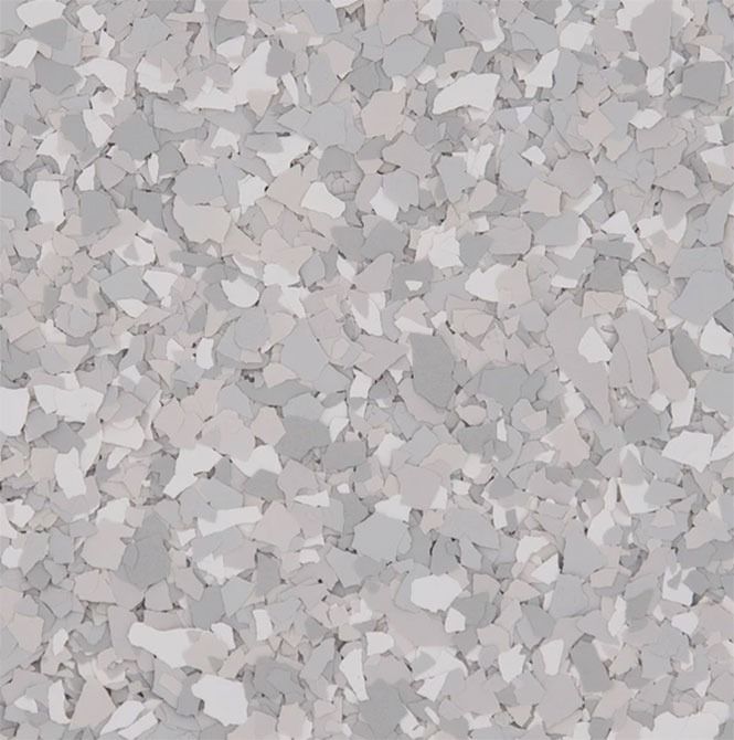 Gray and white epoxy floor coating with a speckled pattern.