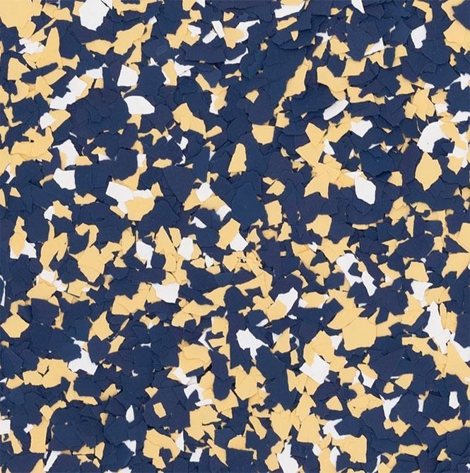 Blue, gold, and white speckled floor coating.