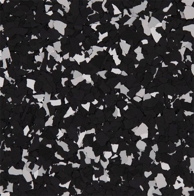 Black, gray, and white speckled floor coating.