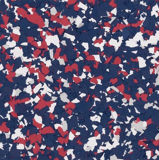 Blue, red, and white speckled floor coating.