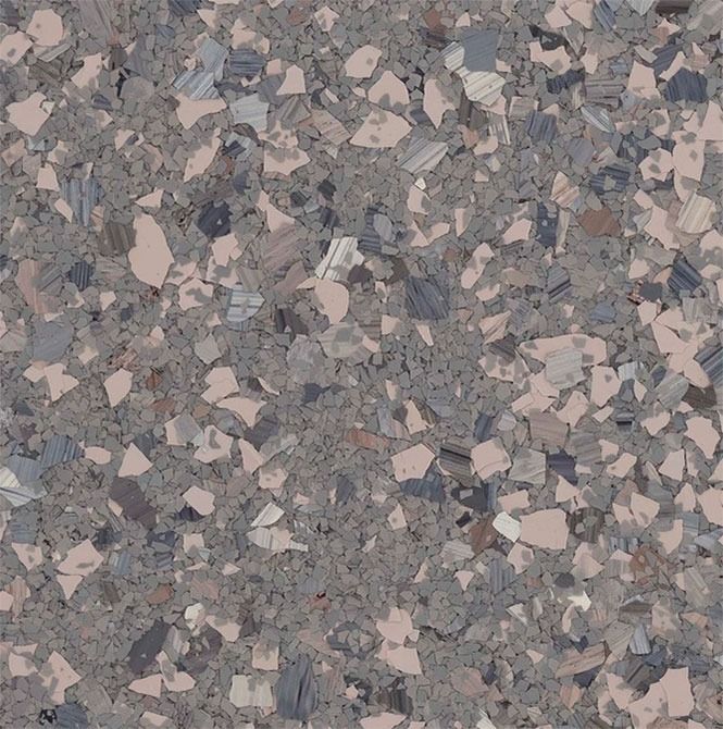 Speckled gray floor with chips of various colors, including pink, gray, and white.