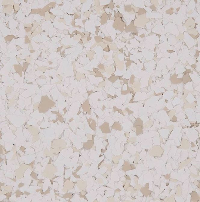 Tan, white, and beige speckled epoxy flooring.