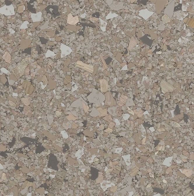 Close-up of speckled floor with neutral tones: beige, gray, and white chips.