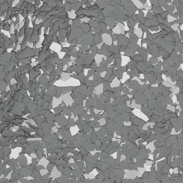 Gray and white epoxy floor flakes, a textured surface.