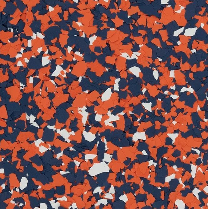Speckled floor pattern in orange, navy, and white.