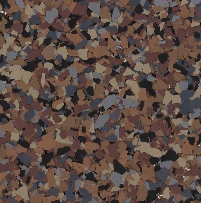Terrazzo-style floor with speckled brown, tan, black, and gray chips.