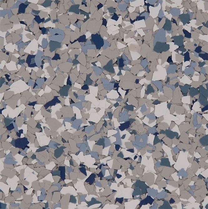 Speckled flooring in shades of blue, gray, and white.