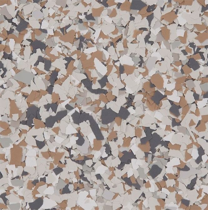 Tan, gray, and brown speckled floor coating.