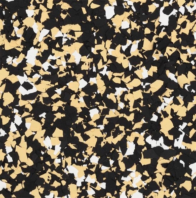 Black, gold, and white flecked flooring pattern.