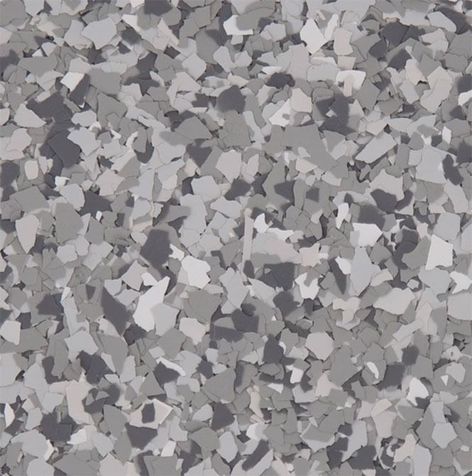 Gray and white speckled epoxy garage floor coating.